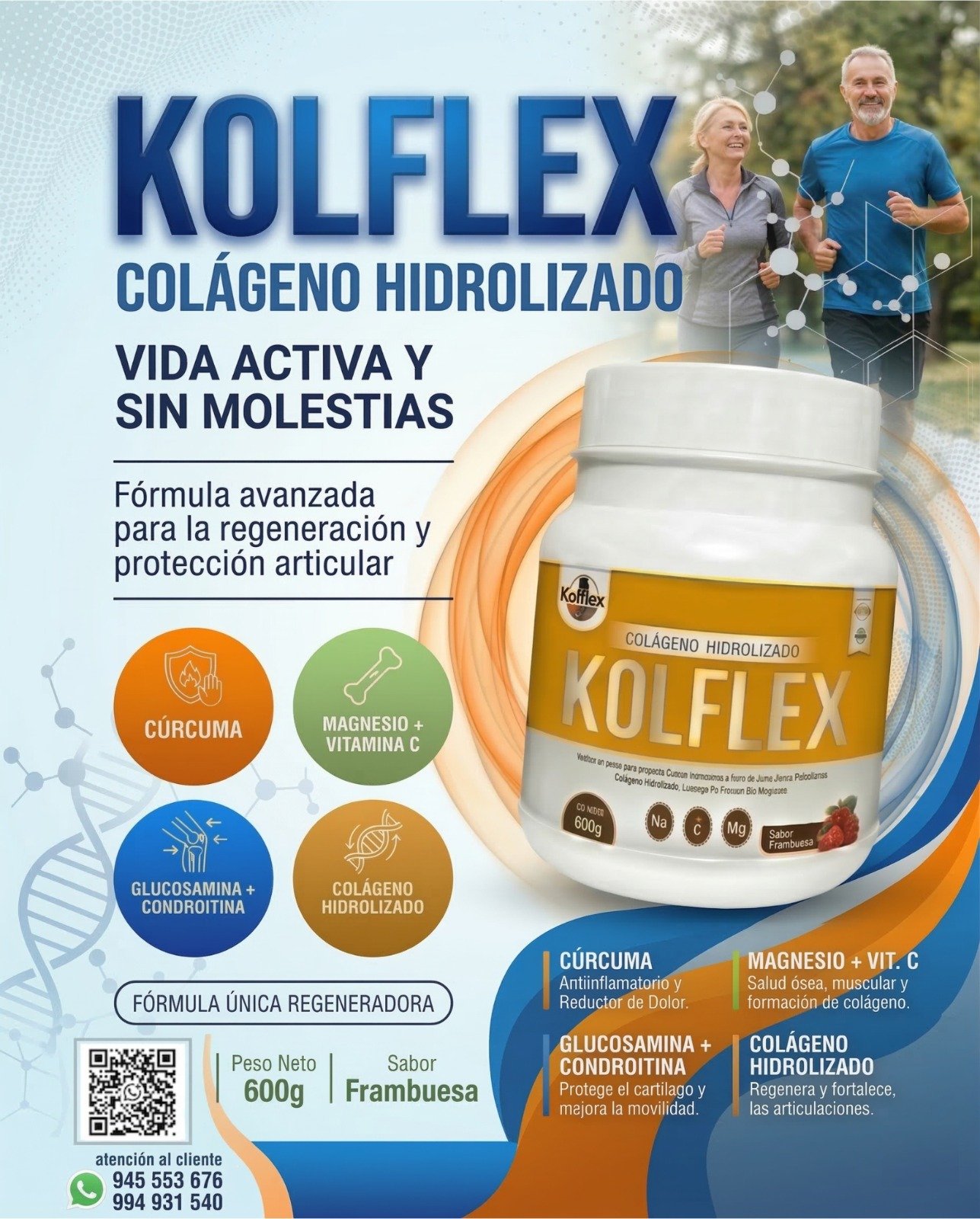 Afiche de Kolflex Colágeno Hidrolizado con sus ingredientes: cúrcuma, magnesio, vitamina C, glucosamina y condroitina.